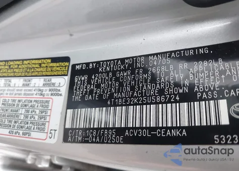2005 Toyota Camry Std from USA, damaged, VIN 4T1BE32K25U586724